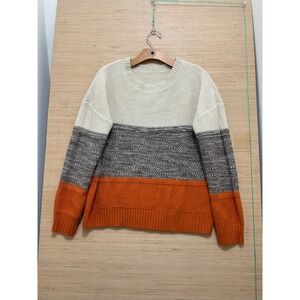 Colorblock Textured Knit Crewneck Sweater Orange Brown Cream Mens Large L